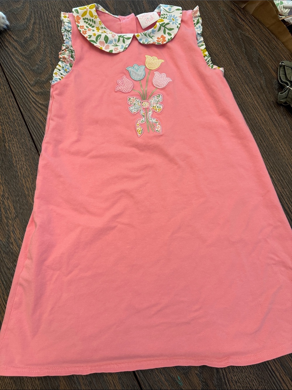 Stitchy Fish 8 Girls Pink Sleeveless Floral Collar Dress with Tulip Appliqué